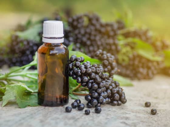 A brown bottle with a white cap next to dark purple elderberries with green leaves.